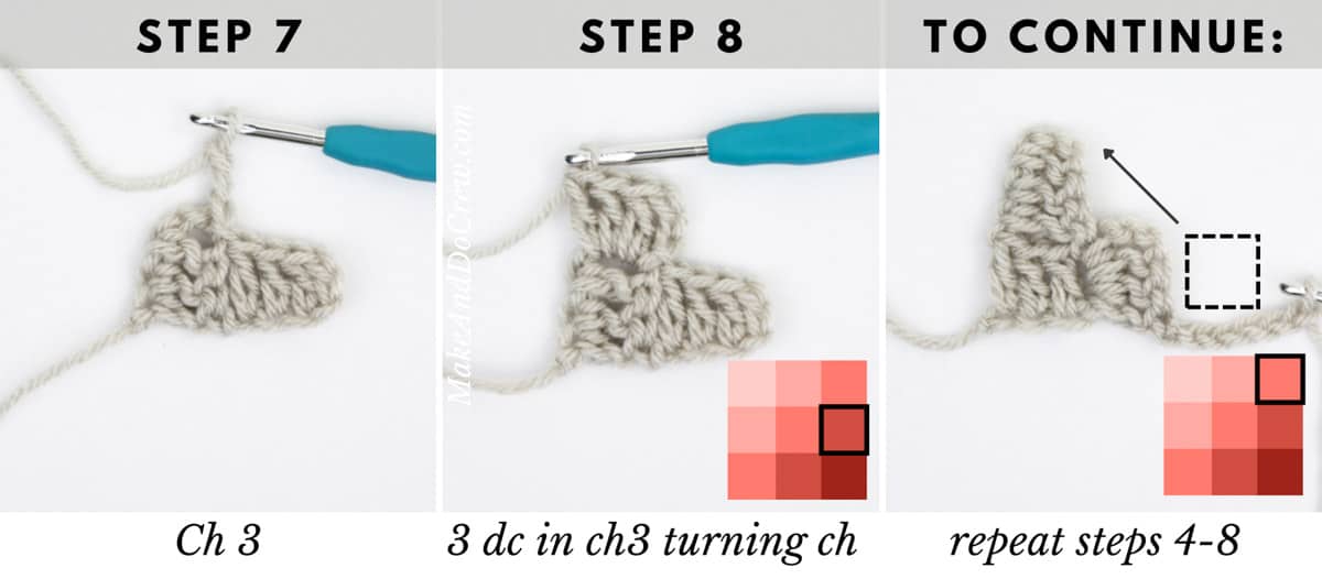 Three separate steps showing how to increase using chains and double crochet stitches.