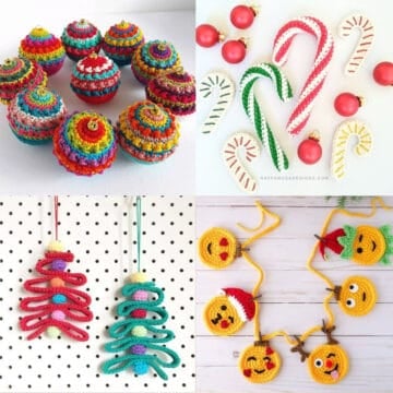 A grid of four free crochet ornament patterns to hang on your Christmas tree. Ornaments include colorful baubles, ribbon trees, emoji garland and candy canes.