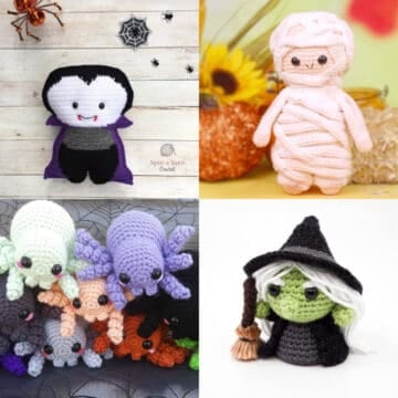 A grid of four Halloween amigurumi including a vampire, mummy, spiders and a witch.