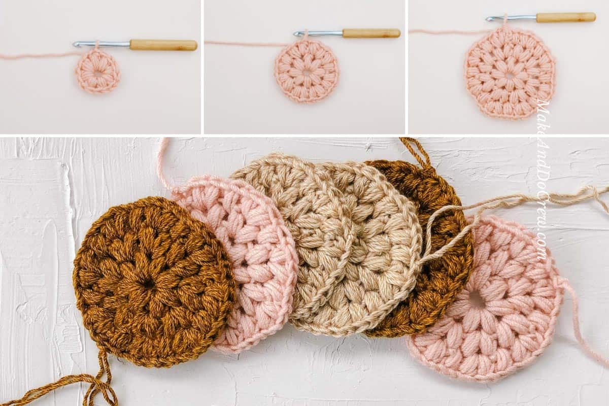 A grid of crochet puff stitch circles that look like flowers. 