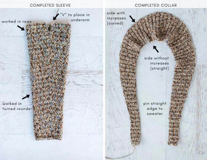 Step-by-step tutorial on how to crochet the sleeve and collar of a cardigan.