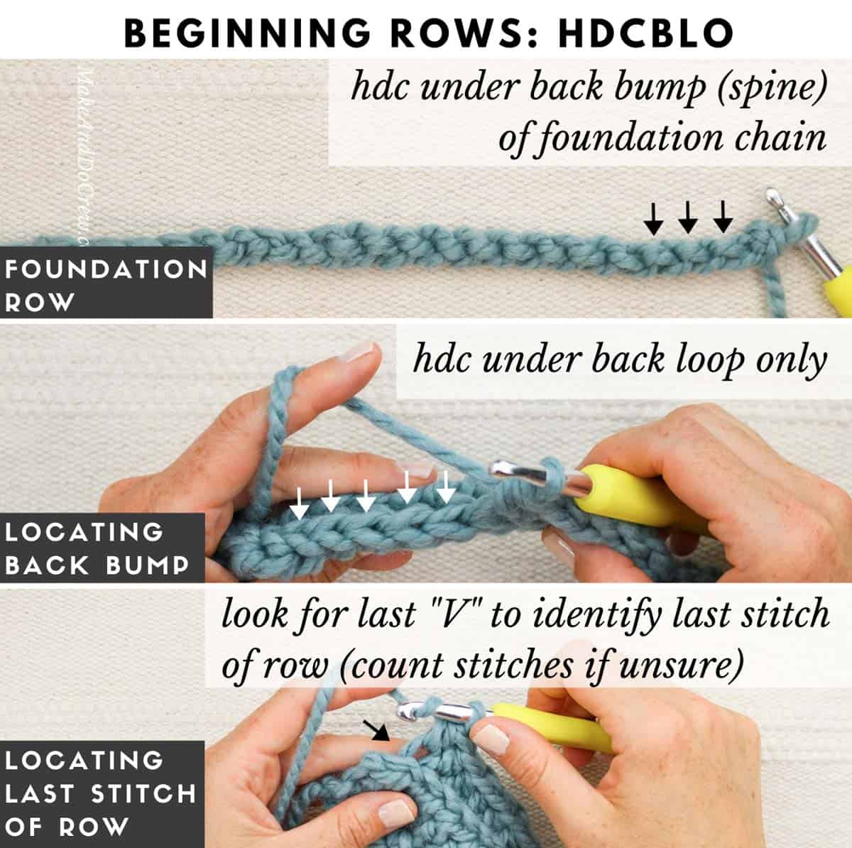 Tutorial showing how to create crochet rectangle slippers by working the half double crochet stitch through the back loop only.