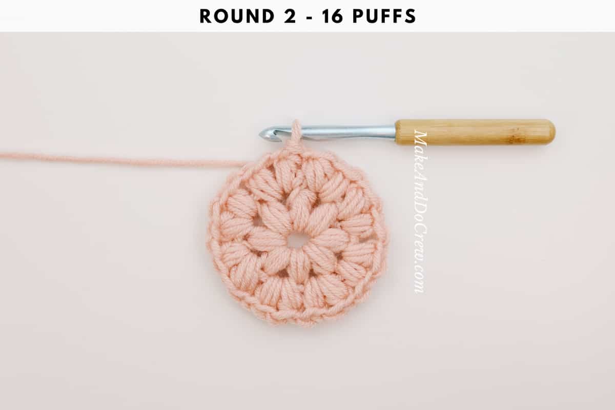 Round 2 of a crochet puff stitch circle.