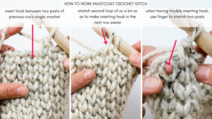 Grid showing how to crochet a waistcoat stitch.